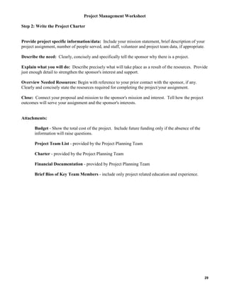 Project Management Worksheet
Step 2: Write the Project Charter

Provide project specific information/data: Include your mission statement, brief description of your
project assignment, number of people served, and staff, volunteer and project team data, if appropriate.
Describe the need: Clearly, concisely and specifically tell the sponsor why there is a project.
Explain what you will do: Describe precisely what will take place as a result of the resources. Provide
just enough detail to strengthen the sponsor's interest and support.
Overview Needed Resources: Begin with reference to your prior contact with the sponsor, if any.
Clearly and concisely state the resources required for completing the project/your assignment.
Close: Connect your proposal and mission to the sponsor's mission and interest. Tell how the project
outcomes will serve your assignment and the sponsor's interests.

Attachments:
Budget - Show the total cost of the project. Include future funding only if the absence of the
information will raise questions.
Project Team List - provided by the Project Planning Team
Charter - provided by the Project Planning Team
Financial Documentation - provided by Project Planning Team
Brief Bios of Key Team Members - include only project related education and experience.

29

 