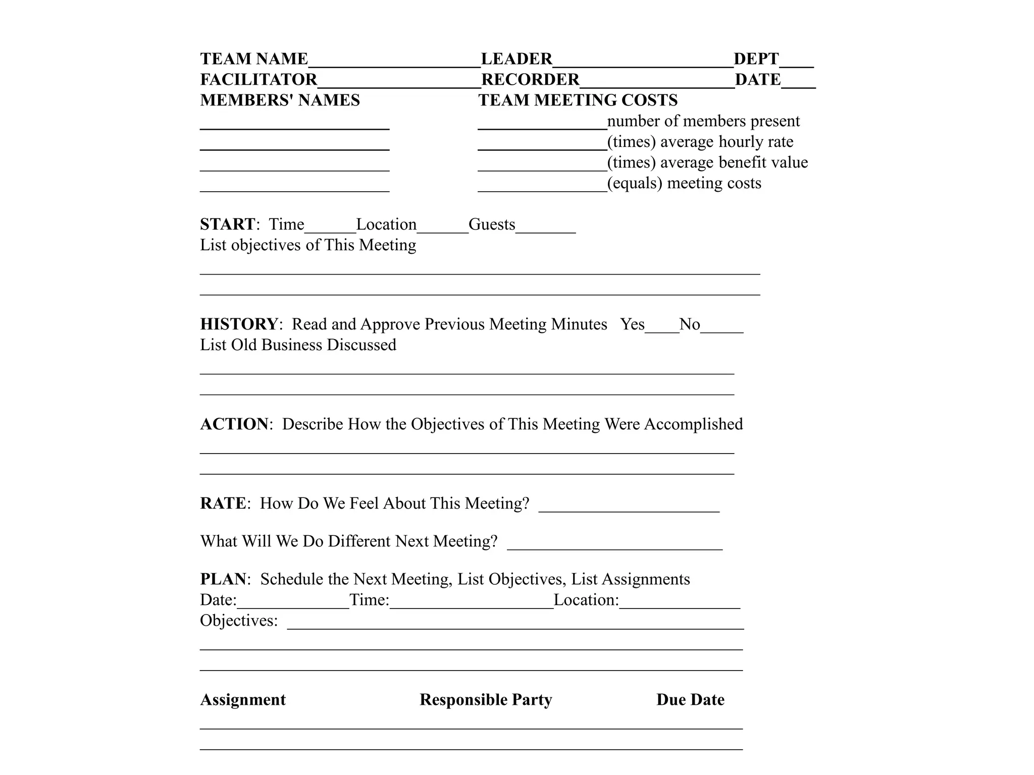 TEAM NAME____________________LEADER_____________________DEPT____
FACILITATOR___________________RECORDER__________________DATE____
MEMBERS' NAMES TEAM MEETING COSTS
______________________ _______________number of members present
______________________ _______________(times) average hourly rate
______________________ _______________(times) average benefit value
______________________ _______________(equals) meeting costs
START: Time______Location______Guests_______
List objectives of This Meeting
_________________________________________________________________
_________________________________________________________________
HISTORY: Read and Approve Previous Meeting Minutes Yes____No_____
List Old Business Discussed
______________________________________________________________
______________________________________________________________
ACTION: Describe How the Objectives of This Meeting Were Accomplished
______________________________________________________________
______________________________________________________________
RATE: How Do We Feel About This Meeting? _____________________
What Will We Do Different Next Meeting? _________________________
PLAN: Schedule the Next Meeting, List Objectives, List Assignments
Date:_____________Time:___________________Location:______________
Objectives: _____________________________________________________
_______________________________________________________________
_______________________________________________________________
Assignment Responsible Party Due Date
_______________________________________________________________
_______________________________________________________________
 