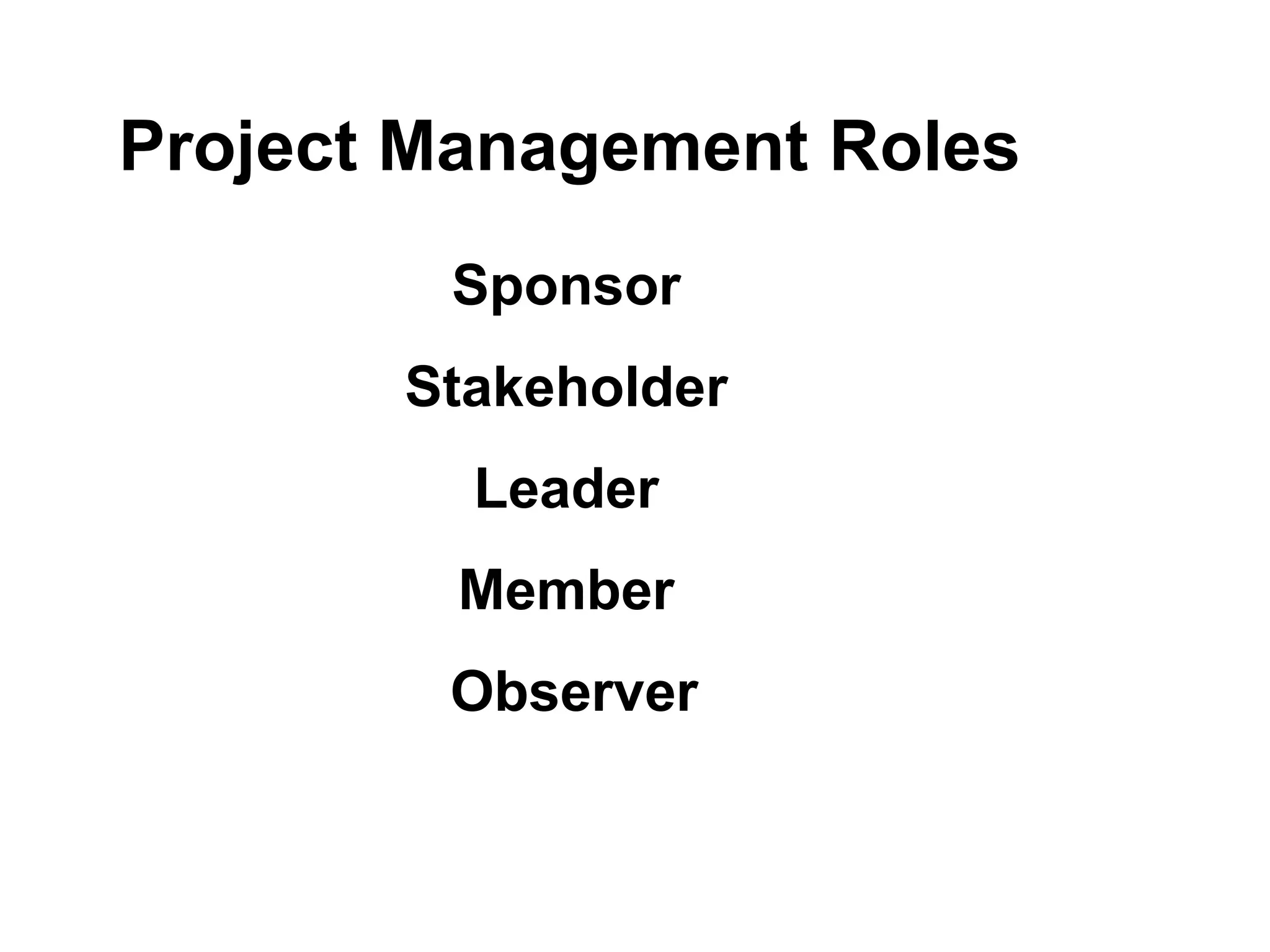 Project Management Roles
Sponsor
Stakeholder
Leader
Member
Observer
 