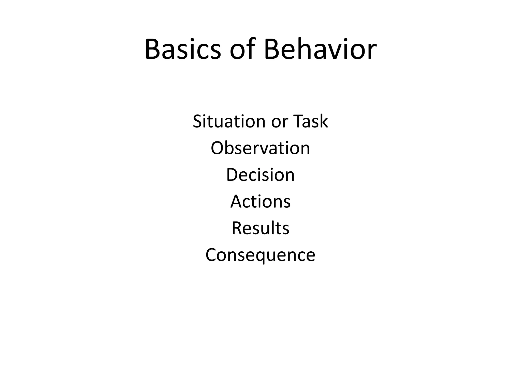 Basics of Behavior
Situation or Task
Observation
Decision
Actions
Results
Consequence
 