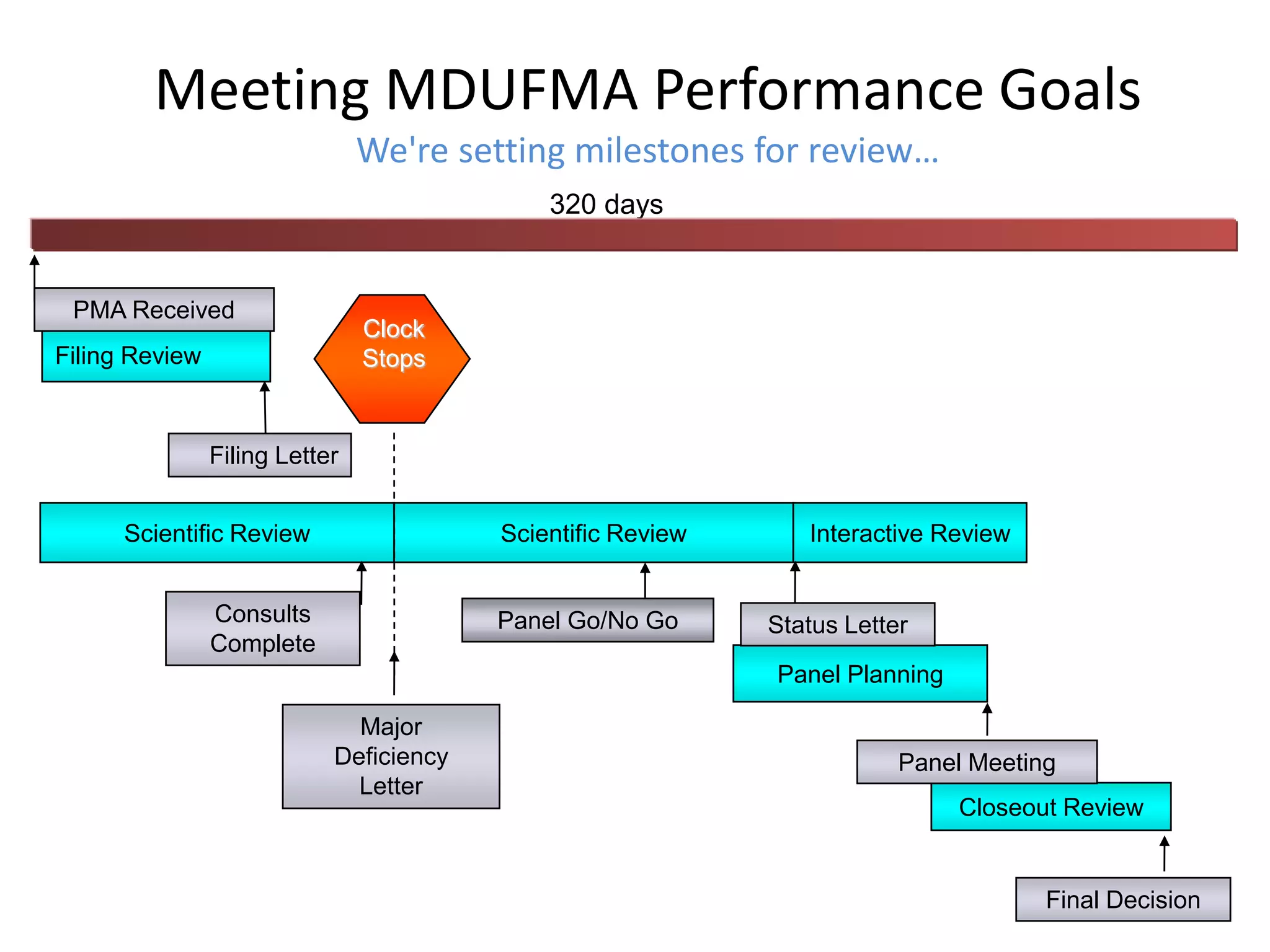 46
Meeting MDUFMA Performance Goals
We're setting milestones for review…
Scientific Review Scientific Review Interactive Review
Filing Review
Panel Planning
Closeout Review
Panel Go/No Go
Panel Meeting
Final Decision
320 days
Major
Deficiency
Letter
Clock
Stops
Consults
Complete
PMA Received
Status Letter
Filing Letter
 