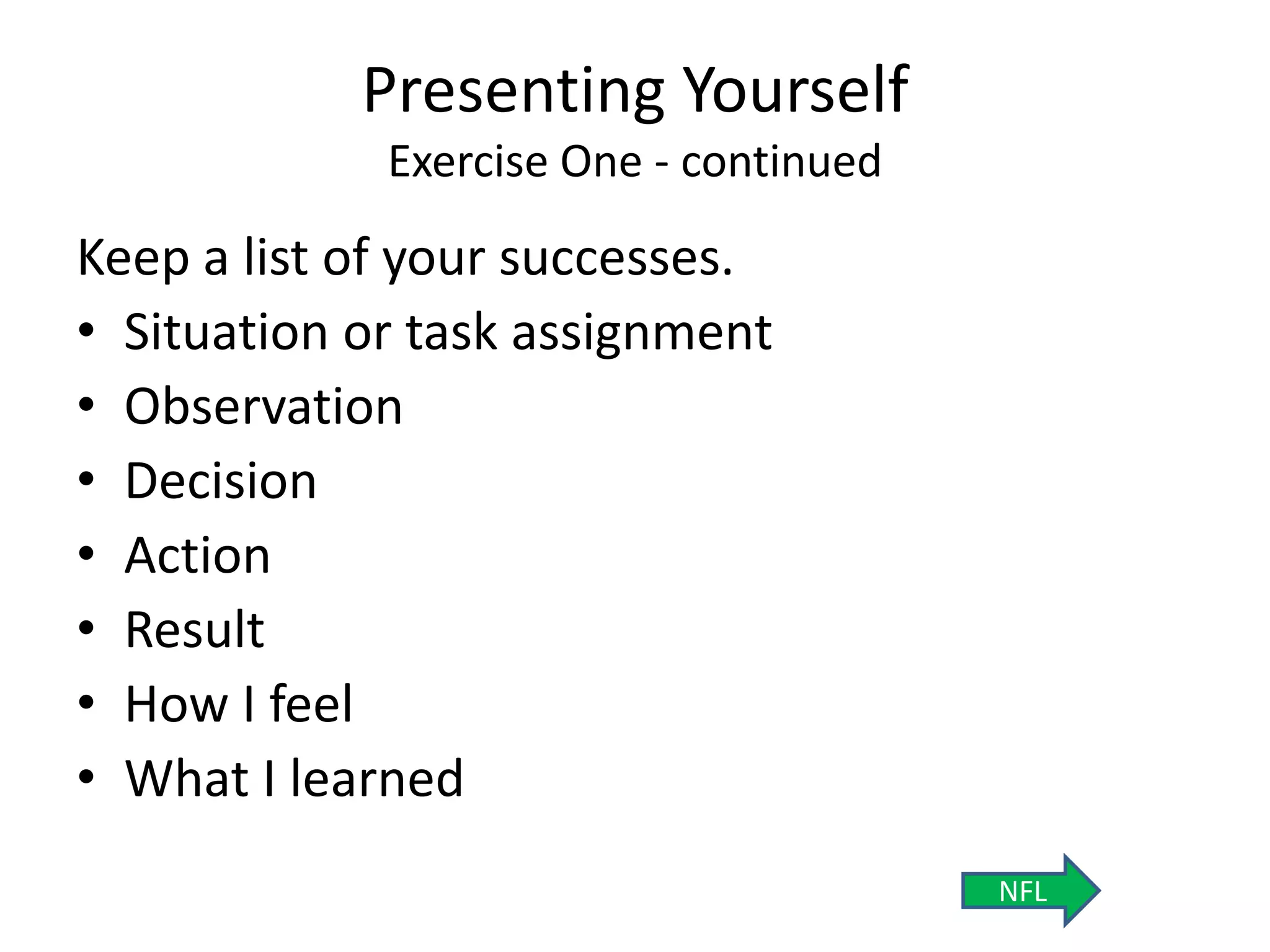 Presenting Yourself
Exercise One - continued
Keep a list of your successes.
• Situation or task assignment
• Observation
• Decision
• Action
• Result
• How I feel
• What I learned
NFL
 