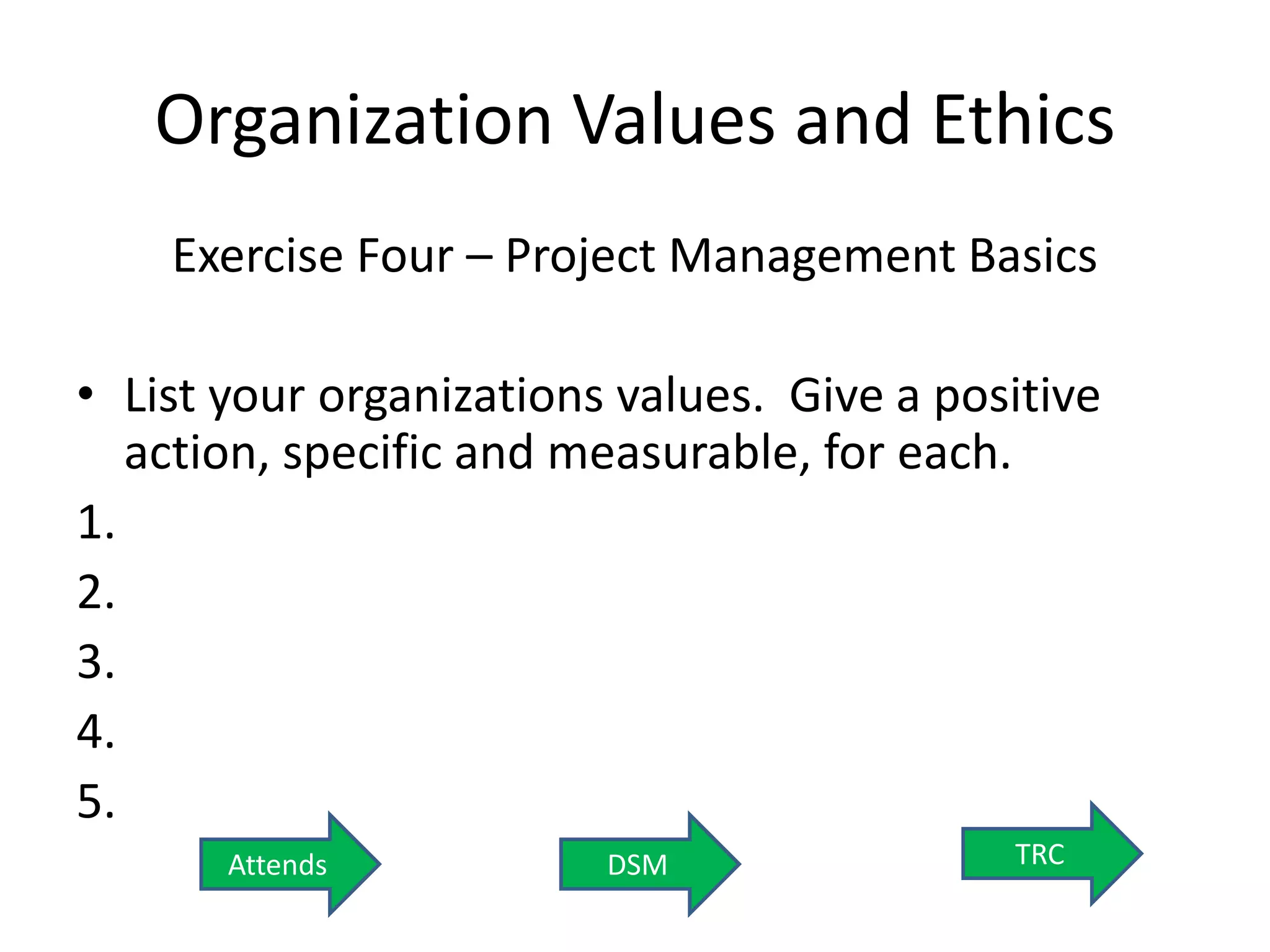 Organization Values and Ethics
Exercise Four – Project Management Basics
• List your organizations values. Give a positive
action, specific and measurable, for each.
1.
2.
3.
4.
5.
TRC
Attends DSM
 