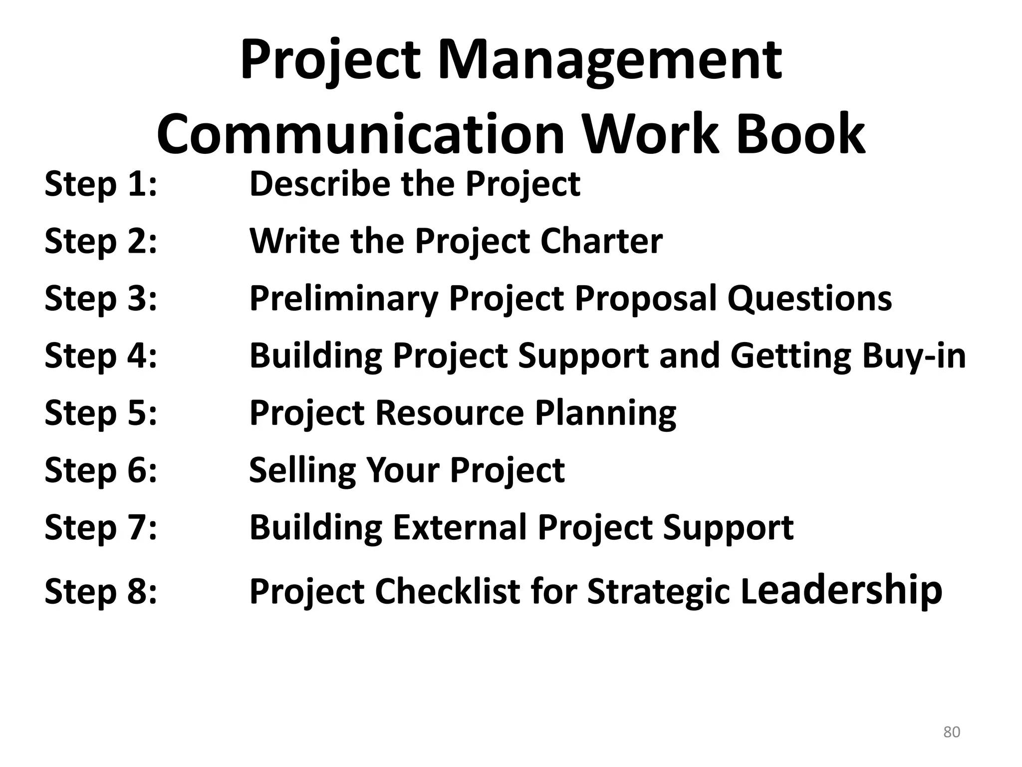 Project Management
Communication Work Book
Step 1: Describe the Project
Step 2: Write the Project Charter
Step 3: Preliminary Project Proposal Questions
Step 4: Building Project Support and Getting Buy-in
Step 5: Project Resource Planning
Step 6: Selling Your Project
Step 7: Building External Project Support
Step 8: Project Checklist for Strategic Leadership
80
 