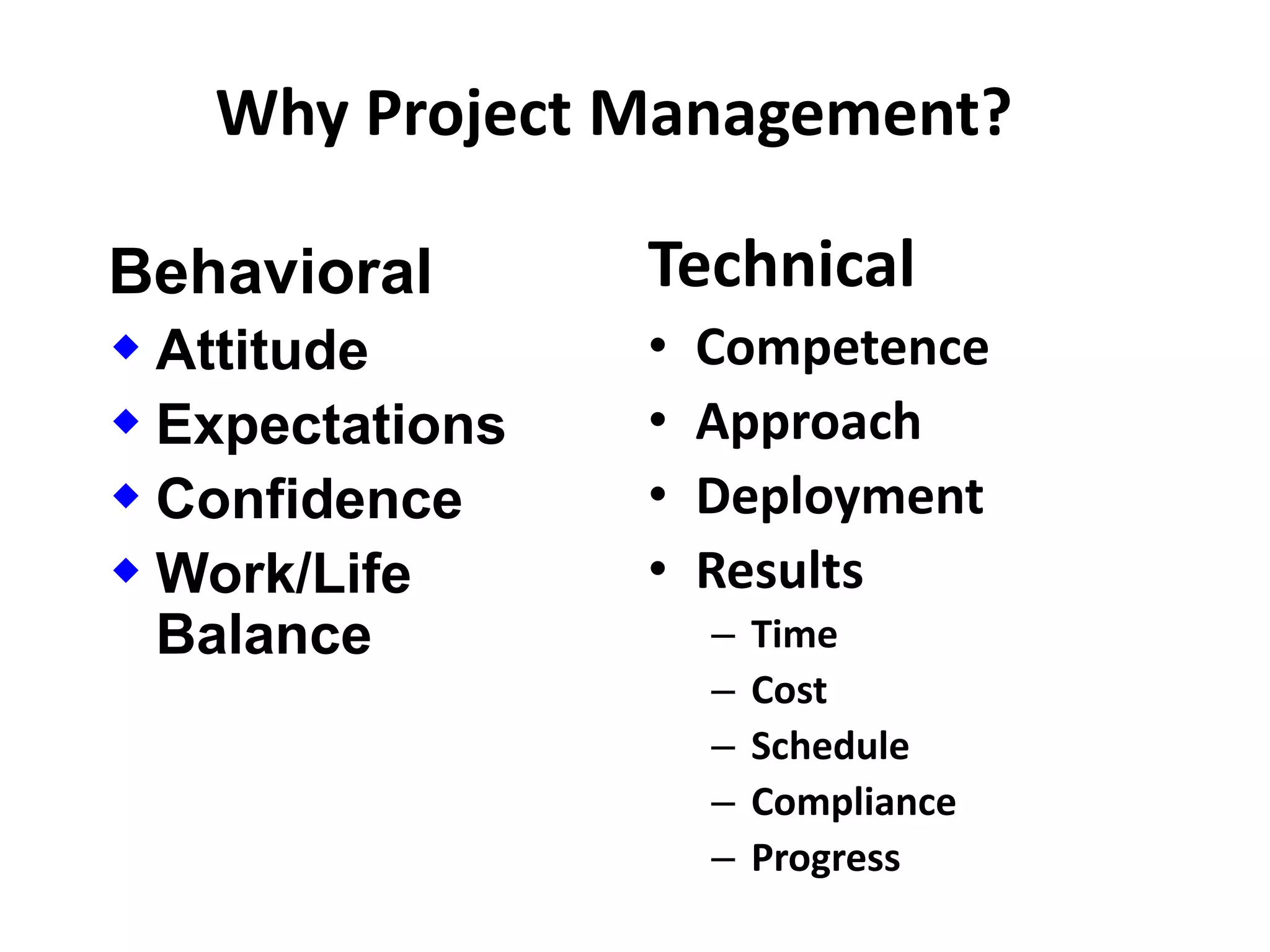 Why Project Management?
Technical
• Competence
• Approach
• Deployment
• Results
– Time
– Cost
– Schedule
– Compliance
– Progress
Behavioral
 Attitude
 Expectations
 Confidence
 Work/Life
Balance
 