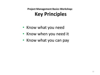 Project Management Basics Workshop:
Key Principles
• Know what you need
• Know when you need it
• Know what you can pay
10
 