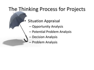 The Thinking Process for Projects
• Situation Appraisal
– Opportunity Analysis
– Potential Problem Analysis
– Decision Analysis
– Problem Analysis
 