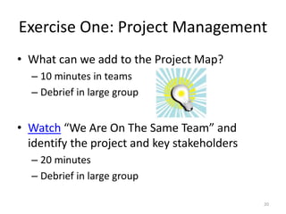 Exercise One: Project Management
• What can we add to the Project Map?
– 10 minutes in teams
– Debrief in large group
• Watch “We Are On The Same Team” and
identify the project and key stakeholders
– 20 minutes
– Debrief in large group
20
 