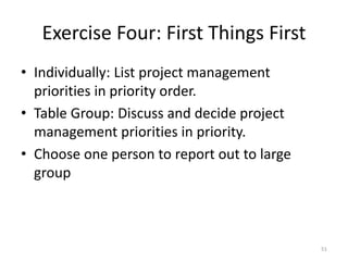Exercise Four: First Things First
• Individually: List project management
priorities in priority order.
• Table Group: Discuss and decide project
management priorities in priority.
• Choose one person to report out to large
group
51
 