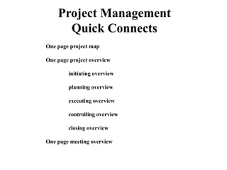 One page project map
One page project overview
initiating overview
planning overview
executing overview
controlling overview
closing overview
One page meeting overview
Project Management
Quick Connects
 