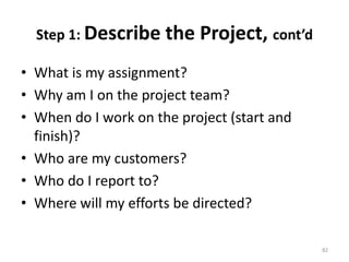 Step 1: Describe the Project, cont’d
• What is my assignment?
• Why am I on the project team?
• When do I work on the project (start and
finish)?
• Who are my customers?
• Who do I report to?
• Where will my efforts be directed?
82
 