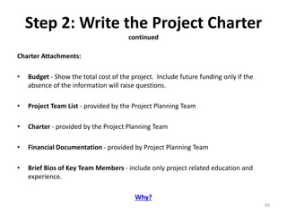 Step 2: Write the Project Charter
continued
Charter Attachments:
• Budget - Show the total cost of the project. Include future funding only if the
absence of the information will raise questions.
• Project Team List - provided by the Project Planning Team
• Charter - provided by the Project Planning Team
• Financial Documentation - provided by Project Planning Team
• Brief Bios of Key Team Members - include only project related education and
experience.
Why?
84
 