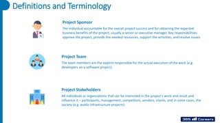 Definitions and Terminology
Project Sponsor
The individual accountable for the overall project success and for obtaining the expected
business benefits of the project, usually a senior or executive manager. Key responsibilities:
approve the project, provide the needed resources, support the activities, and resolve issues.
Project Team
The team members are the experts responsible for the actual execution of the work (e.g.
developers on a software project).
Project Stakeholders
All individuals or organizations that can be interested in the project’s work and result and
influence it – participants, management, competitors, vendors, clients, and in some cases, the
society (e.g. public infrastructure projects).
 