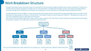 Work Breakdown Structure
The goal of the project needs to be broken down into more details so that the project manager and project team can plan and execute. If the goal is to
“increase sales by creating a showroom to exhibit new cars”, this information is too high-level and vague, hence it’s not useful for planning purposes.
The project manager has to transform this information into smaller pieces. A very useful exercise is to design the Work Breakdown Structure.
The Work Breakdown Structure (WBS) is a visual representation of the project’s Scope. Starting from the project goal (high-level), you go down a level
and define the major groups of activities or “work streams”. This could be “build a one-story showroom of 500 m2”, “manufacture six new cars”, or
“recruit ten employees to work as sales staff in the showroom”.
Then, add one more level below each work stream, until you reach a task level. The task needs to be big enough to be explained easily and managed
by one person. Example: “Put a safety fence around the construction field”.
Project Goal
Work
Stream 1
Task 1.1 Task 1.2
Work
Stream 2
Task 2.1 Task 2.2
Work
Stream 3
Task 3.1 Task 3.2
The sum of the detailed tasks is often referred to as an “Activity List”. It will be used as the “skeleton” of the Project Plan.
30
 