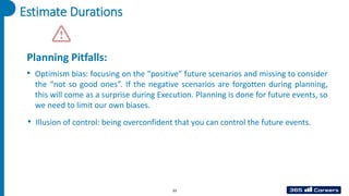 Estimate Durations
Planning Pitfalls:
• Optimism bias: focusing on the “positive” future scenarios and missing to consider
the “not so good ones”. If the negative scenarios are forgotten during planning,
this will come as a surprise during Execution. Planning is done for future events, so
we need to limit our own biases.
• Illusion of control: being overconfident that you can control the future events.
33
 