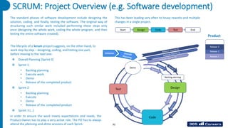 SCRUM: Project Overview (e.g. Software development)
❖ Overall Planning (Sprint 0)
❖ Sprint 1:
• Backlog planning
• Execute work
• Demo
• Release of the completed product
❖ Sprint 2:
• Backlog planning
• Execute
• Demo
• Release of the completed product
❖ Sprint 3 (…)
The lifecycle of a Scrum project suggests, on the other hand, to
work step by step – designing, coding, and testing one part,
before moving to the next one:
In order to ensure the work meets expectations and needs, the
Product Owner has to play a very active role. The PO has to always
attend the planning and demo sessions of each Sprint.
Design Code Test
Start End
The standard phases of software development include designing the
solution, coding, and finally, testing the software. The original way of
structuring such similar work included performing these steps only
once (designing the whole work, coding the whole program, and then
testing the entire software created).
This has been leading very often to heavy reworks and multiple
changes in a single project.
92
 