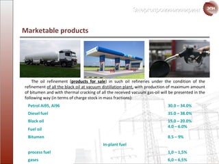 Marketable products   The oil refinement  ( products  for sale )  in such oil refineries under the condition of the refinement  of all the black oil at vacuum distillation plant ,   with production of maximum amount of bitumen and with thermal cracking of all the received vacuum gas-oil will be presented in the following way  ( in terms of charge stock in mass fractions ): Petrol  А i 95, А i 96  30 . 0 – 34 . 0% Diesel fuel 35 . 0 – 38 . 0% Black oil Fuel oil 15 . 0 – 20 . 0% 4 . 0 – 6 . 0% Bitumen 8 . 5 – 9% In-plant fuel process fuel 1,0 – 1,5% gases 6,0 – 6,5% 