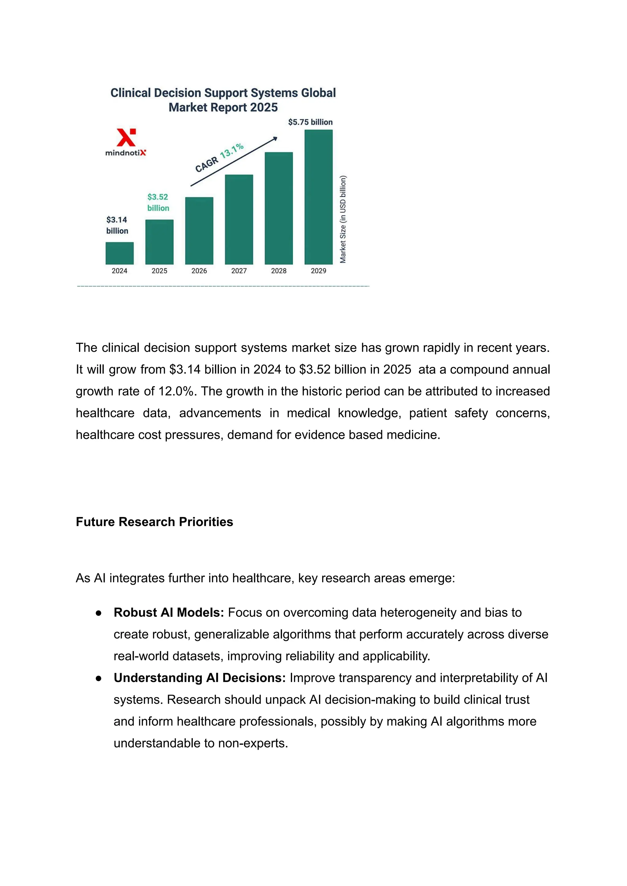 The clinical decision support systems market size has grown rapidly in recent years.
It will grow from $3.14 billion in 2024 to $3.52 billion in 2025 ata a compound annual
growth rate of 12.0%. The growth in the historic period can be attributed to increased
healthcare data, advancements in medical knowledge, patient safety concerns,
healthcare cost pressures, demand for evidence based medicine.
Future Research Priorities
As AI integrates further into healthcare, key research areas emerge:
●​ Robust AI Models: Focus on overcoming data heterogeneity and bias to
create robust, generalizable algorithms that perform accurately across diverse
real-world datasets, improving reliability and applicability.
●​ Understanding AI Decisions: Improve transparency and interpretability of AI
systems. Research should unpack AI decision-making to build clinical trust
and inform healthcare professionals, possibly by making AI algorithms more
understandable to non-experts.
 
