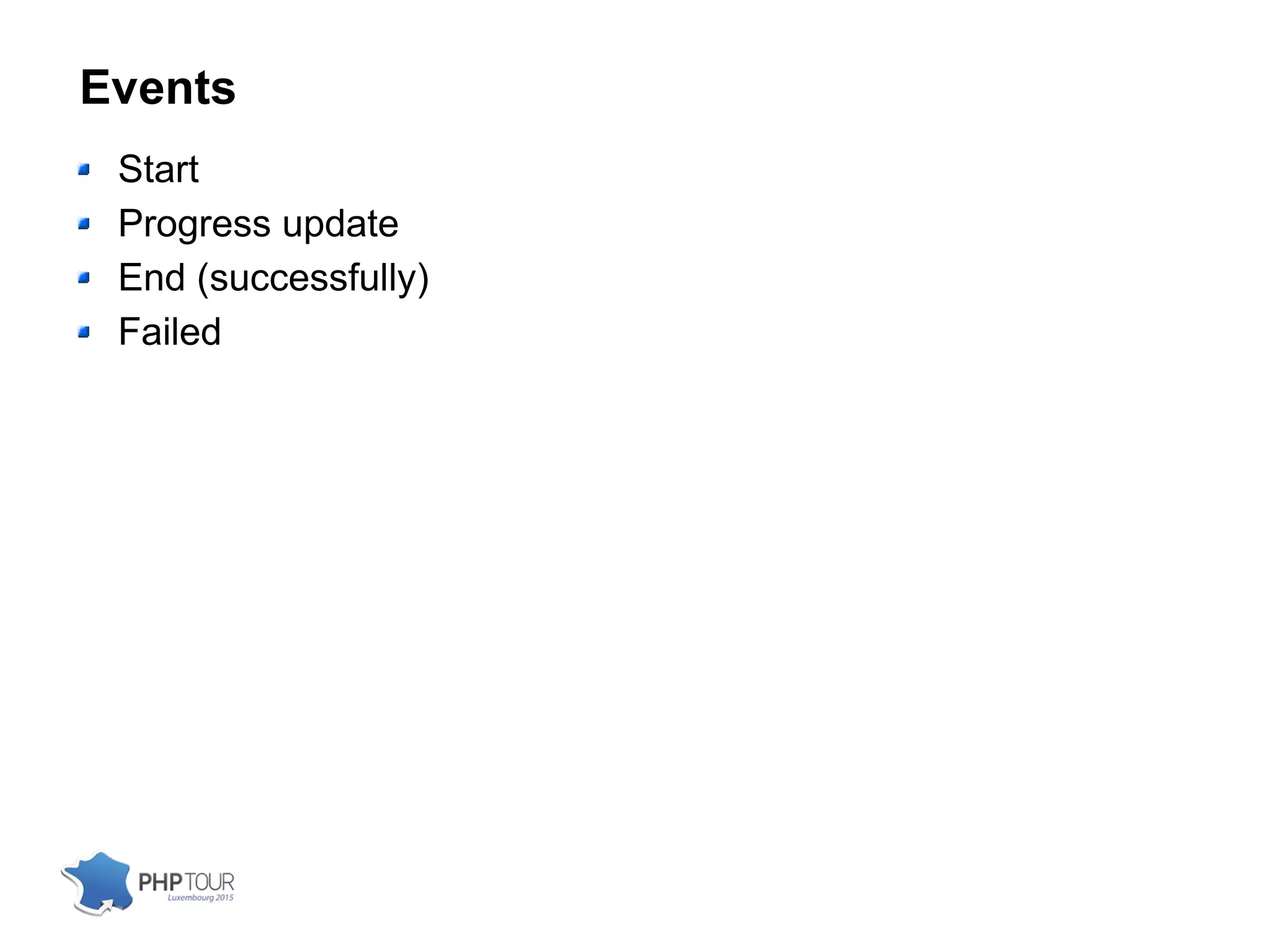 Events
Start
Progress update
End (successfully)
Failed
 