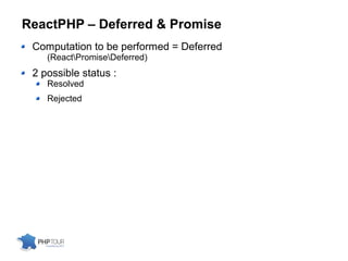 ReactPHP – Deferred & Promise
Computation to be performed = Deferred
(ReactPromiseDeferred)
2 possible status :
Resolved
Rejected
 