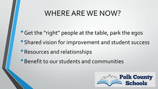 WHERE AREWE NOW?
•Get the “right” people at the table, park the egos
•Shared vision for improvement and student success
•Resources and relationships
•Benefit to our students and communities
 