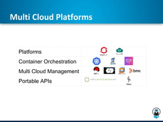 Multi Cloud Platforms
Platforms
Container Orchestration
Multi Cloud Management
Portable APIs
 