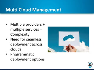 Multi Cloud Management
• Multiple providers +
multiple services =
Complexity
• Need for seamless
deployment across
clouds
• Programmatic
deployment options
 