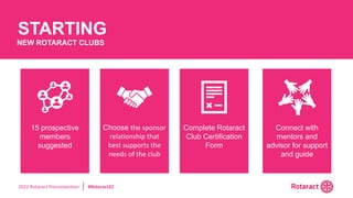2022 Rotaract Preconvention #Rotaract22
STARTING
NEW ROTARACT CLUBS
15 prospective
members
suggested
Choose the sponsor
relationship that
best supports the
needs of the club
Complete Rotaract
Club Certification
Form
Connect with
mentors and
advisor for support
and guide
 