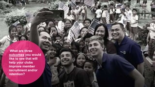 2022 Rotaract Preconvention #Rotaract22
What are three
outcomes you would
like to see that will
help your clubs
improve member
recruitment and/or
retention?
 