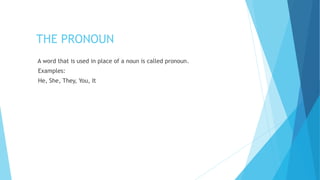 THE PRONOUN
A word that is used in place of a noun is called pronoun.
Examples:
He, She, They, You, It
 