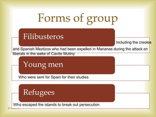 3/12/2015
Forms of group
Filibusteros
Young men
Refugees
Including the creoles
and Spanish Meztizos who had been expelled in Marianas during the attack on
liberals in the wake of Cavite Mutiny
Who were sent for Spain for their studies
Who escaped the islands to break out persecution
 