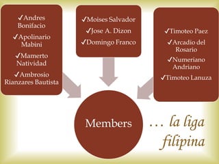 Members
✔Andres
Bonifacio
✔Apolinario
Mabini
✔Mamerto
Natividad
✔Ambrosio
Rianzares Bautista
✔Moises Salvador
✔Jose A. Dizon
✔Domingo Franco
✔Timoteo Paez
✔Arcadio del
Rosario
✔Numeriano
Andriano
✔Timoteo Lanuza
… la liga
filipina
 