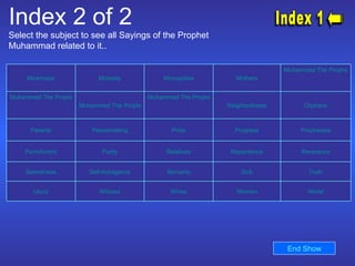 Index 2 of 2 Select the subject to see all Sayings of the Prophet Muhammad related to it..  Index 1 End Show  Muhammad The Prophet   Mothers Monopolies Modesty Meanness Orphans Neighborliness Muhammad The Prophet's Prayers   Muhammad The Prophet's Mission Muhammad The Prophet's Kindness   Prophecies Progress Pride Peacemaking Parents Reverence Repentance Relatives Purity Punishment Truth Sick Servants Self-Indulgence Seemliness World Women Wives Widows Usury 