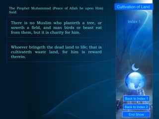 Back to Index 1 Back to Index 2 Cultivation of Land  There is no Muslim who planteth a tree, or soweth a field, and man birds or beast eat from them, but it is charity for him.  End Show  The Prophet Muhammad (Peace of Allah be upon Him) Said: Index 1 Whoever bringeth the dead land to life; that is cultivateth waste land, for him is reward therein.  