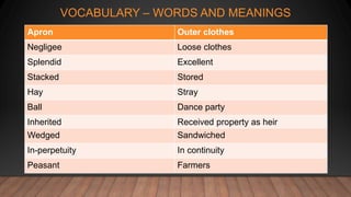 VOCABULARY – WORDS AND MEANINGS
Apron Outer clothes
Negligee Loose clothes
Splendid Excellent
Stacked Stored
Hay Stray
Ball Dance party
Inherited Received property as heir
Wedged Sandwiched
In-perpetuity In continuity
Peasant Farmers
 