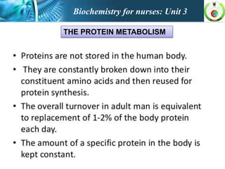 Biochemistry for nurses: Unit 3
THE PROTEIN METABOLISM
 