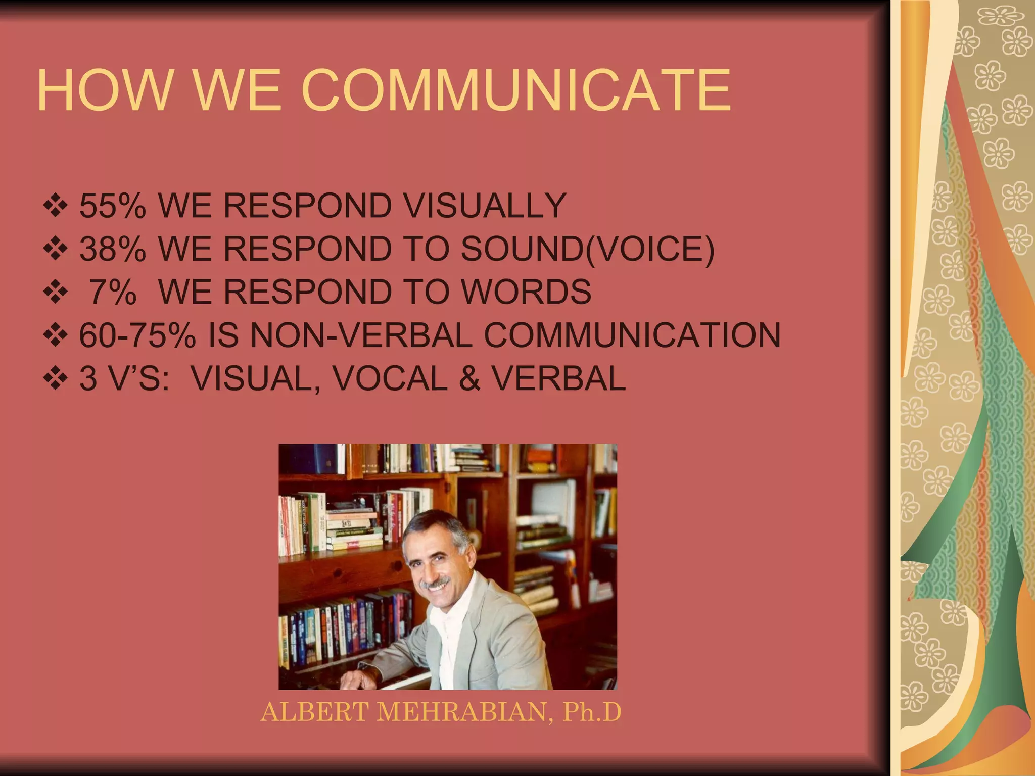 HOW WE COMMUNICATE 55% WE RESPOND VISUALLY 38% WE RESPOND TO SOUND(VOICE) 7%  WE RESPOND TO WORDS 60-75% IS NON-VERBAL COMMUNICATION 3 V’S:  VISUAL, VOCAL & VERBAL ALBERT MEHRABIAN, Ph.D 