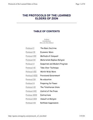 THE PROTOCOLS OF THE LEARNED
ELDERS OF ZION
TABLE OF CONTENTS
Preface
Introduction
Who are the Elders?
Protocol I The Basic Doctrine
Protocol II Economic Wars
Protocol III Methods of Conquest
Protocol IV Materialism Replace Religion
Protocol V Despotism and Modern Progress
Protocol VI Take-Over Technique
Protocol VII World-Wide Wars
Protocol VIII Provisional Government
Protocol IX Re-education
Protocol X Preparing for Power
Protocol XI The Totalitarian State
Protocol XII Control of the Press
Protoco XIII Distractions
Protocol XIV Assault on Religion
Protocol XV Ruthless Suppression
Page 1 of 54Protocols of the Learned Elders of Zion
3/31/01http://quotes.strongcity.com/protocols_of_zion.html
 