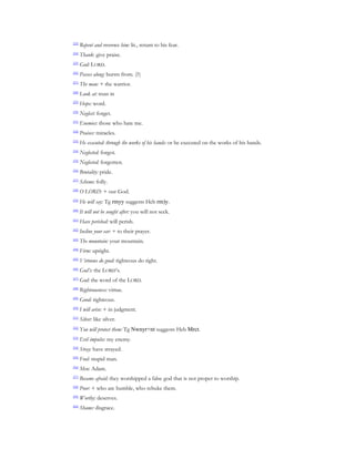 [23]
       Repent and reverence him: lit., return to his fear.
[24]
       Thank: give praise.
[25]
       God: LORD.
[26]
       Passes along: bursts from. (?)
[27]
       The man: + the warrior.
[28]
       Look at: trust in
[29]
       Hope: word.
[30]
       Neglect: forget.
[31]
       Enemies: those who hate me.
[32]
       Praises: miracles.
[33]
       He executed: through the works of his hands: or he executed on the works of his hands.
[34]
       Neglected: forgot.
[35]
       Neglected: forgotten.
[36]
       Brutality: pride.
[37]
       Scheme: folly.
[38]
       O LORD: + our God.
[39]
       He will say: Tg rmyy suggests Heb rm)y.
[40]
       It will not be sought after: you will not seek.
[41]
       Have perished: will perish.
[42]
       Incline your ear: + to their prayer.
[43]
       The mountain: your mountain.
[44]
       Firm: upright.
[45]
       Virtuous do good: righteous do right.
[46]
       God’s: the LORD’s.
[47]
       God: the word of the LORD.
[48]
       Righteousness: virtue.
[49]
       Good: righteous.
[50]
       I will arise: + in judgment.
[51]
       Silver: like silver.
[52]
       You will protect them: Tg Nwnyr+nt suggests Heb Mrct.
[53]
       Evil impulse: my enemy.
[54]
       Stray: have strayed.
[55]
       Fool: stupid man.
[56]
       Men: Adam.
[57]
       Became afraid: they worshipped a false god that is not proper to worship.
[58]
       Poor: + who are humble, who rebuke them.
[59]
       Worthy: deserves.
[60]
       Shame: disgrace.
 