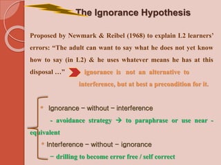 The Ignorance Hypothesis
Proposed by Newmark & Reibel (1968) to explain L2 learners’
errors: “The adult can want to say wh...