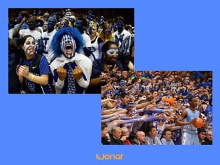 Why they’re so obsessed
○ Pursuit of hope
○ Variable rewards
● Driven by the prospect of another chance to find a reward, a win, a prize
○ Escalation of commitment bias
● More effort people spent doing a behavior or acquiring a set of beliefs =
more likely to continue doing the behavior
○ Cognitive dissonance
● If fans perceive that they are paying more to watch than the enjoyment
they received, it leads to mental conflict
● Resolve discrepancy by loving team enough to overcome discrepancy
○ Self identity
● The way we want to see ourselves influences how we behave
● When we change how we define ourselves, we begin to behave
consistent with that belief
 