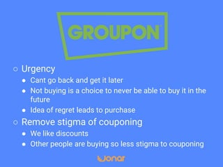 ○ Power of defaults
● Tendency to take the path of least resistance
● They already have our credit card info and address on
file
○ Amazon Prime and Super Saver Shipping
● Shipping fee acts as psychological barrier
● If shipping is already paid
• You’re less likely to buy elsewhere
• Shipping is no longer a barrier so more impulse buys
• We make more purchases to amortize our investment
 
