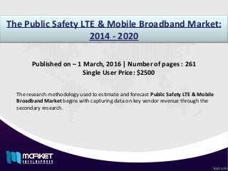 The Public Safety LTE & Mobile Broadband Market:
2014 - 2020
Published on – 1 March, 2016 | Number of pages : 261
Single User Price: $2500
The research methodology used to estimate and forecast Public Safety LTE & Mobile
Broadband Market begins with capturing data on key vendor revenue through the
secondary research.
 