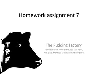 Homework assignment 7 The Pudding Factory  Sophie Challen, Joyce Bermudez, Carl John, Alex Silva, Mahmud Moral and Anthony Serio 