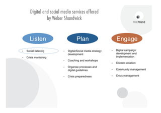 The data showed that the most
               THEME                        common word (s) was
                                            “acquisition/merger”, followed by
                                                                                                        CONVERSATION VOLUME
              N/A
                                            employees.
          Various                                                                                                                          October– December 2012
        Employees                           The news under various categories                  Total Conversations                        Conversation trend line
     Labor unions                           reflected conversations around the                                                                 by category
                                            fears of unemployment among                   50
             Jobs
                                            *Brand* workers
Acquisition/Merger
                                                                                           0




                                                                                                12-…
                                                                                                11-…




                                                                                                17-…
                                                                                                13-…
                                                                                                14-…
                                                                                                15-…
                                                                                                16-…

                                                                                                 18…
                     0    50         100
                                                     Proportion of
The most used keywords in association
with *Brand* continue to be                 1%     Keyword Mentions
                                                                                          The line graph above shows a the trend of
acquisition/merger (buys) but leaned also
towards employees. The news was mostly
                                             14%                                          total conversations from April 11 through
                                                                    Acquisition/Merger    April 18 across 5 of the 6 selected markets
on the impact of the acquisition on
employees                                                           Jobs
                                                                                          The volume of conversations online gradually
                                               19%                  Labor unions
                                                                                          fell from the 11th to no conversations on the
The bar chart above shows the number of                   53%                             topic at all on the 15th of April. However,
                                                                    Employees
conversations containing the select
keywords. Some of the conversations had     0%                      Various
                                                                                          conversations sharply picked up from the 16th
                                                                                          of April through the 18th with a bit of
more than one keyword and is accounted       13%                    N/A                   fluctuation towards the end of the monitoring
for in the graph above.
                                                                                          period.




                                                                                     14
 