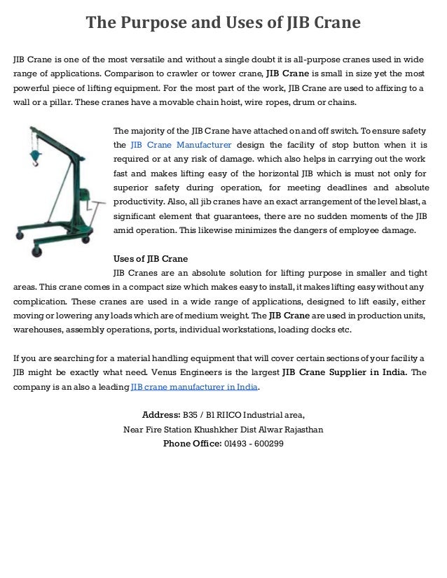 Purpose and uses of jib crane Venus Engineers