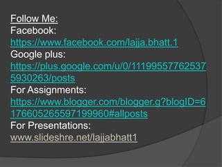 Follow Me:
Facebook:
https://www.facebook.com/lajja.bhatt.1
Google plus:
https://plus.google.com/u/0/11199557762537
5930263/posts
For Assignments:
https://www.blogger.com/blogger.g?blogID=6
176605265597199960#allposts
For Presentations:
www.slideshre.net/lajjabhatt1

 