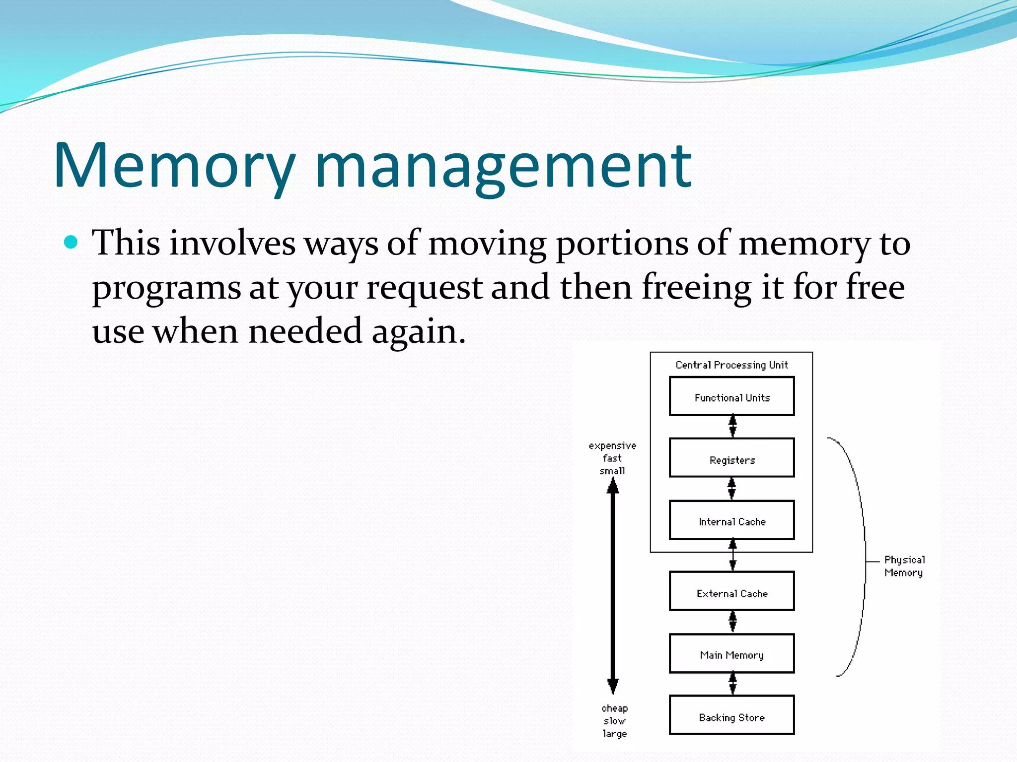 Memory management This involves ways of moving portions of memory to programs at your request and then freeing it for free use when needed again.
