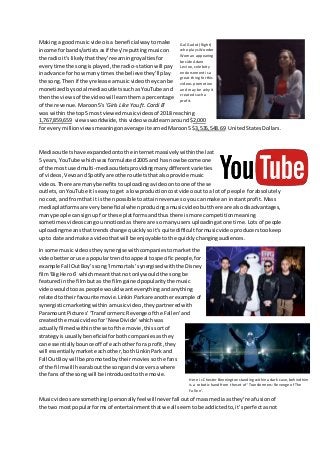 Making a goodmusicvideoisa beneficialwaytomake
income forbands/artists asif they’re puttingmusicon
the radio it’slikelytha...