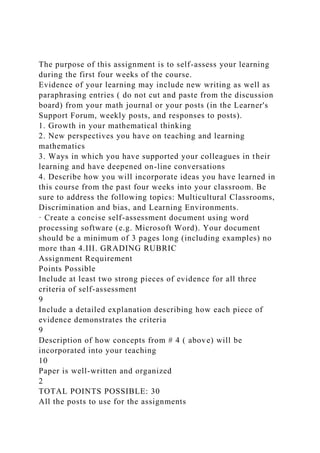 The purpose of this assignment is to self-assess your learning
during the first four weeks of the course.
Evidence of your learning may include new writing as well as
paraphrasing entries ( do not cut and paste from the discussion
board) from your math journal or your posts (in the Learner's
Support Forum, weekly posts, and responses to posts).
1. Growth in your mathematical thinking
2. New perspectives you have on teaching and learning
mathematics
3. Ways in which you have supported your colleagues in their
learning and have deepened on-line conversations
4. Describe how you will incorporate ideas you have learned in
this course from the past four weeks into your classroom. Be
sure to address the following topics: Multicultural Classrooms,
Discrimination and bias, and Learning Environments.
· Create a concise self-assessment document using word
processing software (e.g. Microsoft Word). Your document
should be a minimum of 3 pages long (including examples) no
more than 4.III. GRADING RUBRIC
Assignment Requirement
Points Possible
Include at least two strong pieces of evidence for all three
criteria of self-assessment
9
Include a detailed explanation describing how each piece of
evidence demonstrates the criteria
9
Description of how concepts from # 4 ( above) will be
incorporated into your teaching
10
Paper is well-written and organized
2
TOTAL POINTS POSSIBLE: 30
All the posts to use for the assignments
 